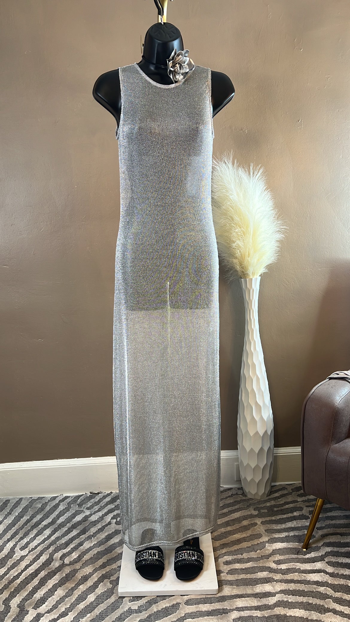 Metallic Silver Knit Dress