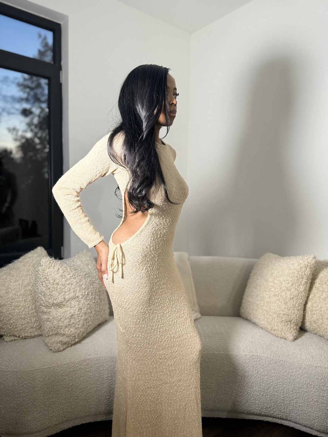 Side Cut-Out Long Sleeve Maxi Dress
