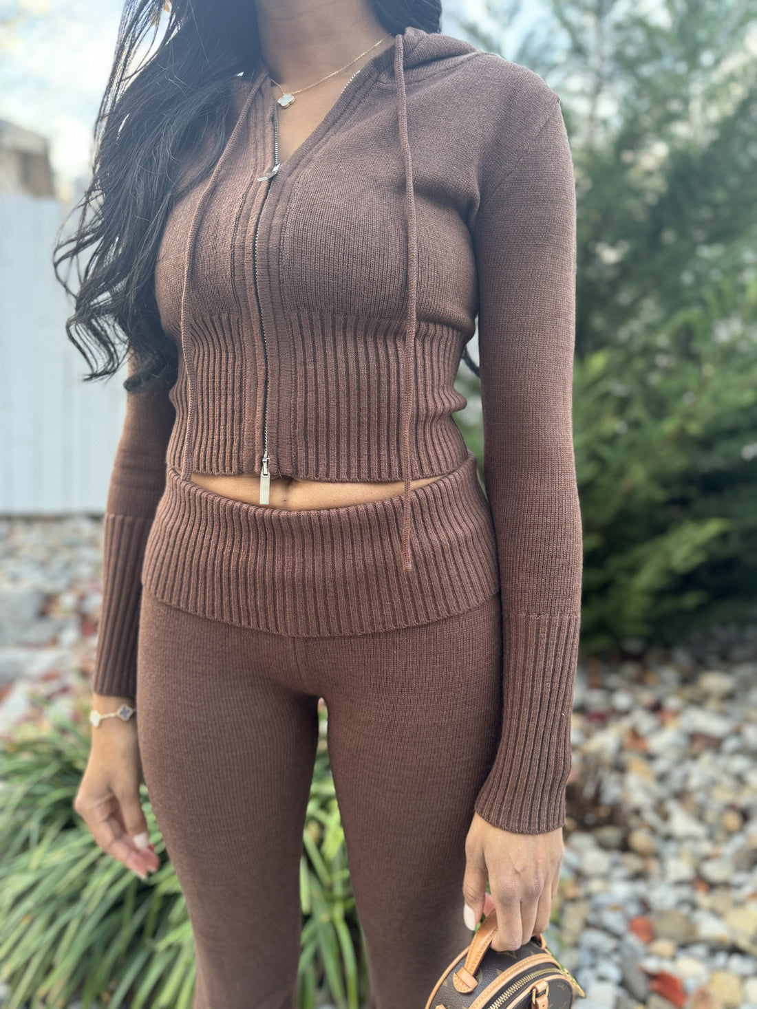 Brown Knit Hoodie Set