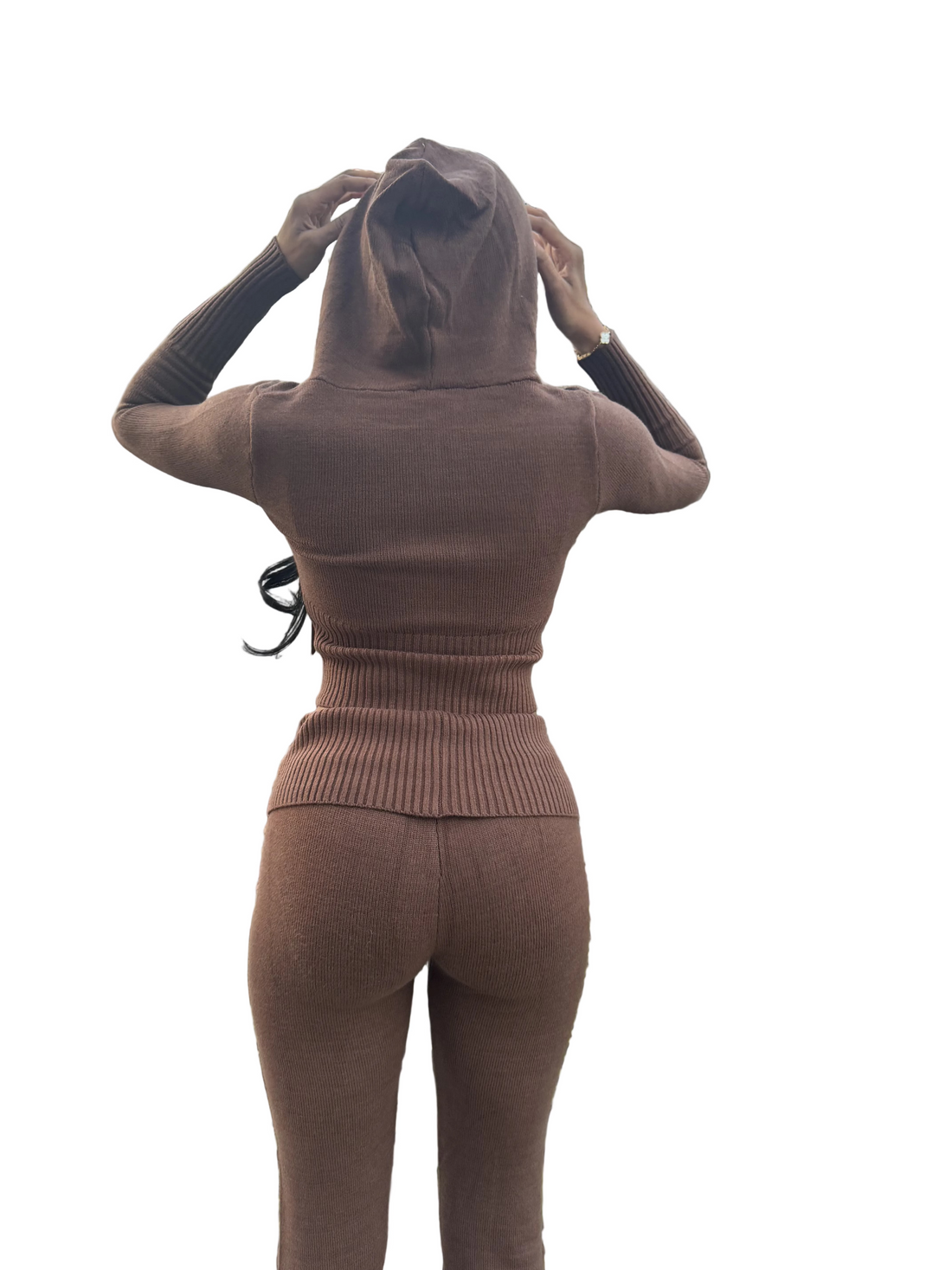 Brown Knit Hoodie Set